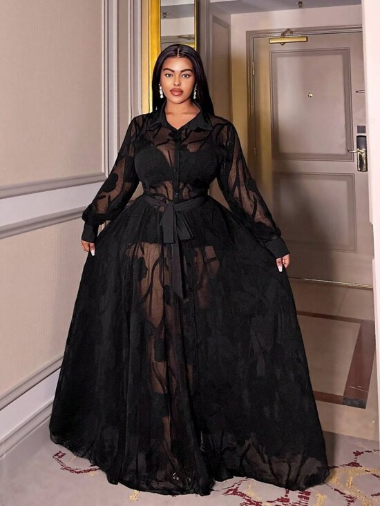 Dresses & Skirts - Black Elegant Women's Plus Size Long Sleeve Front Button Sheer maxi Dress